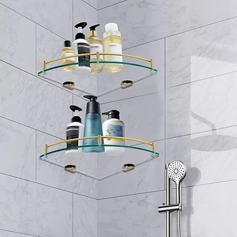 3X Рафтове за баня, стъклена ъглова етажерка за баня, стенни рафта от закалено стъкло за съхранение на душ гел/сапун-B Изображение 4