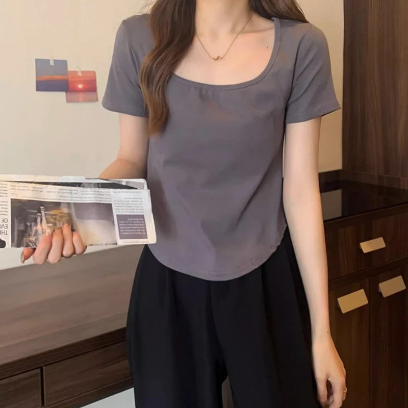 Асиметрични Тениски Дамски Обикновена Hotsweet Дома В Корейски Стил С Припокриване Прости Универсален Моден За Почивка С По-Къси Квадратни Яка 2023 Изображение 3
