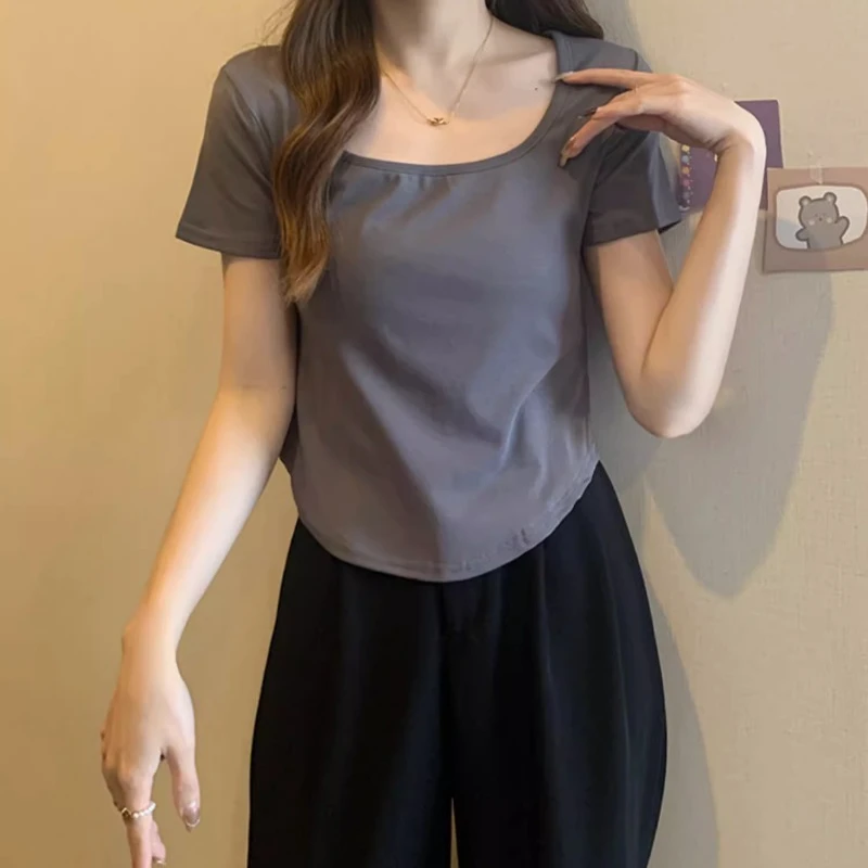 Асиметрични Тениски Дамски Обикновена Hotsweet Дома В Корейски Стил С Припокриване Прости Универсален Моден За Почивка С По-Къси Квадратни Яка 2023 Изображение 4