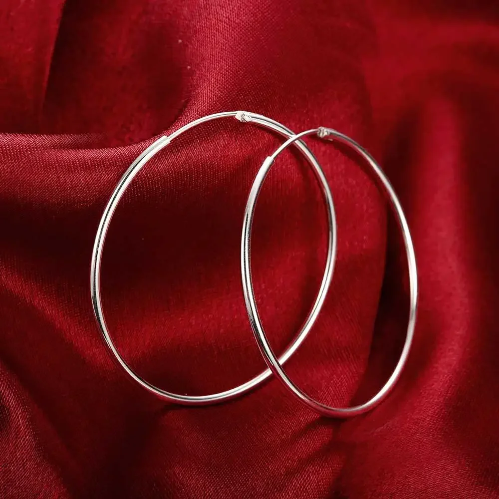 Висококачествено фино сребро 925 проба, модни обици-халки с размер 5 см-6 см, голям кръг, подарък за сватба, рожден ден, бижута Изображение 3