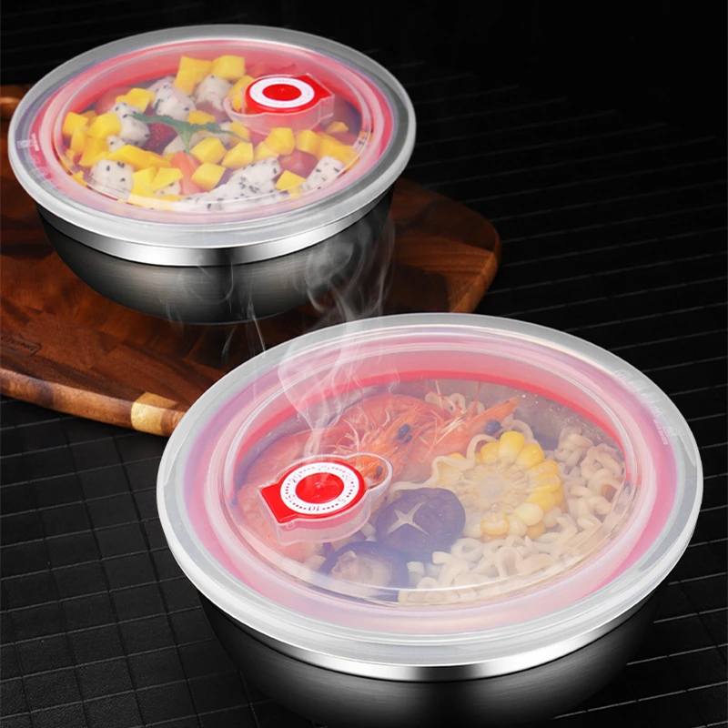 Двуслойни купа от неръждаема стомана с капак, сервировочная купа за смесване на салата, юфка Ramen в корейски стил, контейнери за съхранение на храна Изображение 2