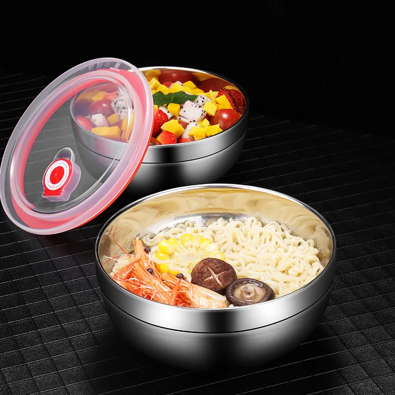 Двуслойни купа от неръждаема стомана с капак, сервировочная купа за смесване на салата, юфка Ramen в корейски стил, контейнери за съхранение на храна Изображение 3