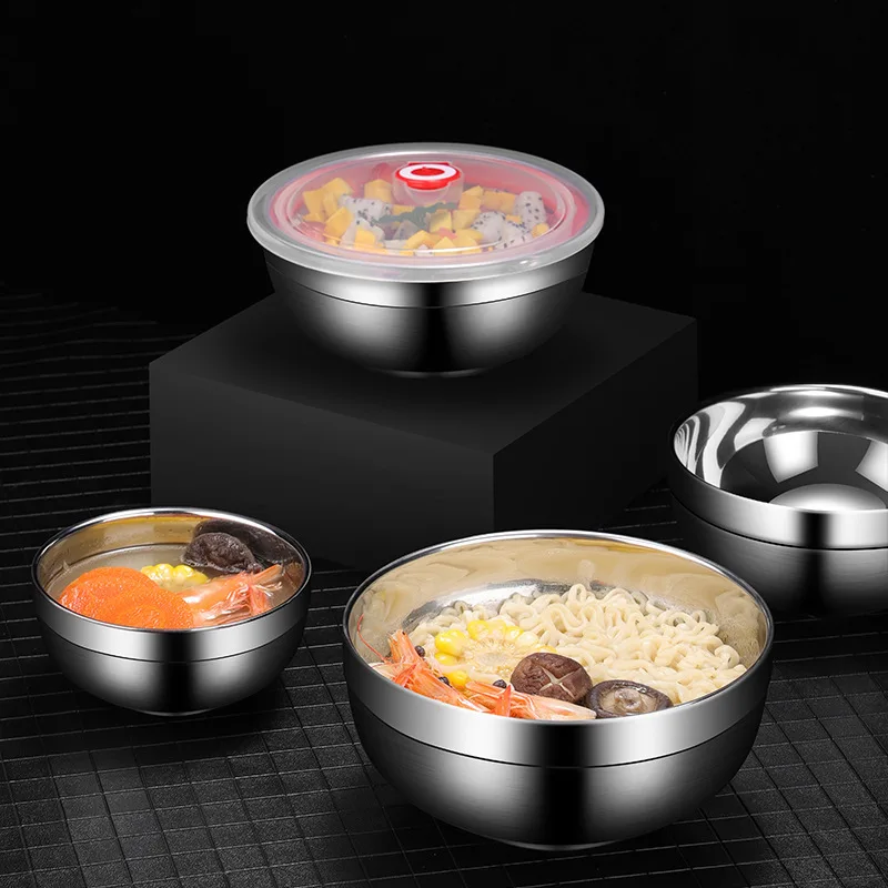Двуслойни купа от неръждаема стомана с капак, сервировочная купа за смесване на салата, юфка Ramen в корейски стил, контейнери за съхранение на храна Изображение 4