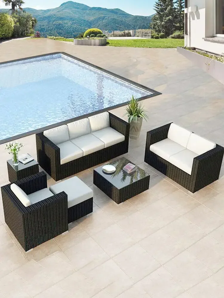 Диван за сядане на открито, вътрешен двор, сплетен от ратан, водоустойчив, двойна проста комбинирана мебели за вила Изображение 1