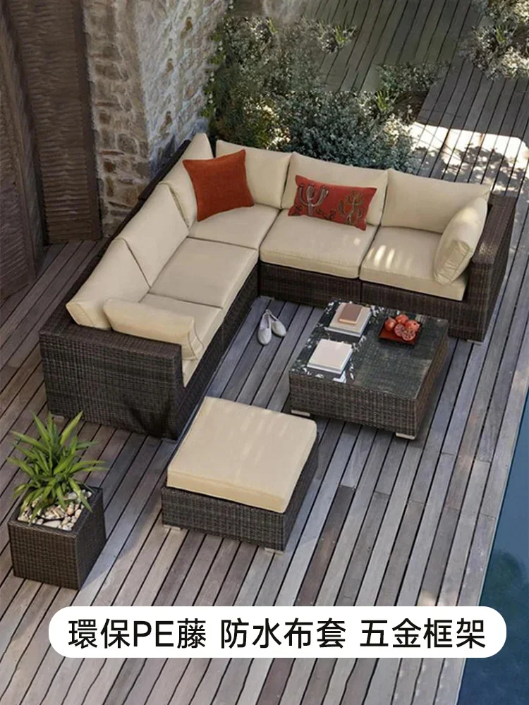 Диван за сядане на открито, вътрешен двор, сплетен от ратан, водоустойчив, двойна проста комбинирана мебели за вила Изображение 2