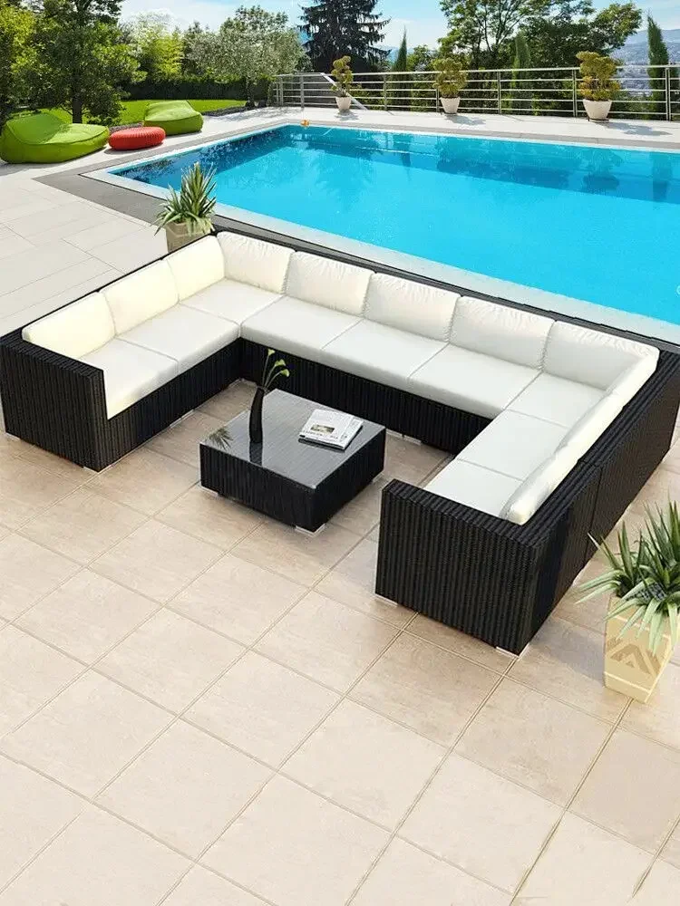 Диван за сядане на открито, вътрешен двор, сплетен от ратан, водоустойчив, двойна проста комбинирана мебели за вила Изображение 3