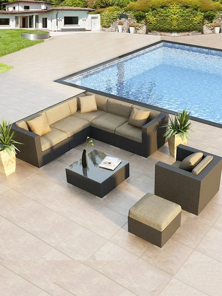 Диван за сядане на открито, вътрешен двор, сплетен от ратан, водоустойчив, двойна проста комбинирана мебели за вила Изображение 4