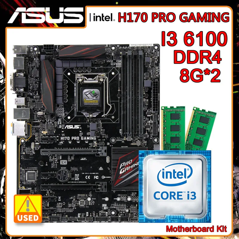 Дънна платка ASUS H170 PRO GAMING + процесори I3 6100 и 2x DDR4 8G RAM LGA 1151 Комплект дънната платка Intel H170 M. 2 PCI-E 3.0 ATX Изображение 0