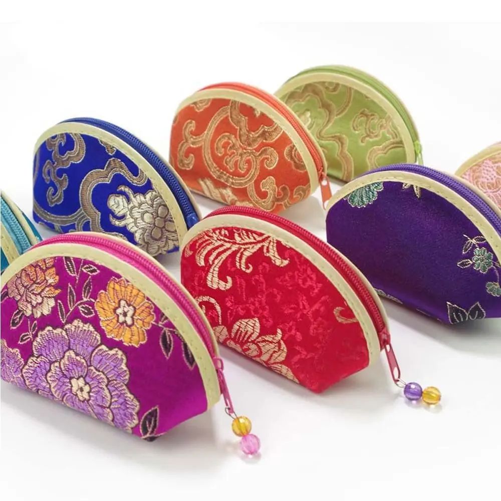 Изискан портфейл в китайски стил, дамска чанта за съхранение на бижута с ципове, многоцветен плат с бродерия, бижутериен торбичка, контейнер за гривни Изображение 1