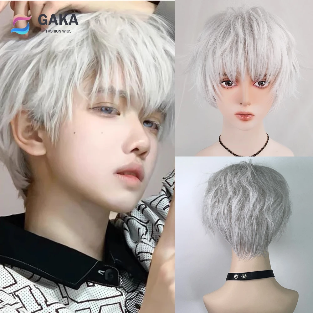 Къси преки къдрава сребристо-бели перуки GAKA Синтетичен аниме cosplay Мъжка перука от топлоустойчива коса за дневна партита Изображение 0