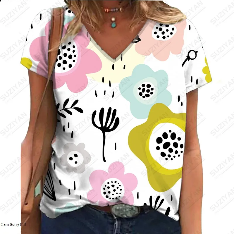 Нова популярна модна тениска с V-образно деколте и къси ръкави, темпераментна плажен топ с 3D-принтом, дишаща жена топ с къс ръкав в цветенце Изображение 3