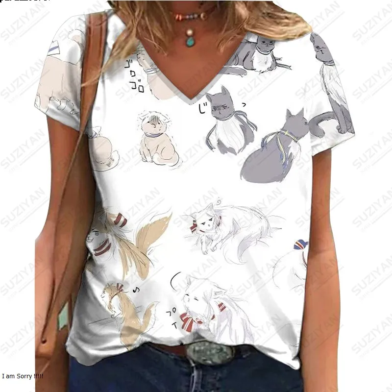 Нова популярна модна тениска с V-образно деколте и къси ръкави, темпераментна плажен топ с 3D-принтом, дишаща жена топ с къс ръкав в цветенце Изображение 4