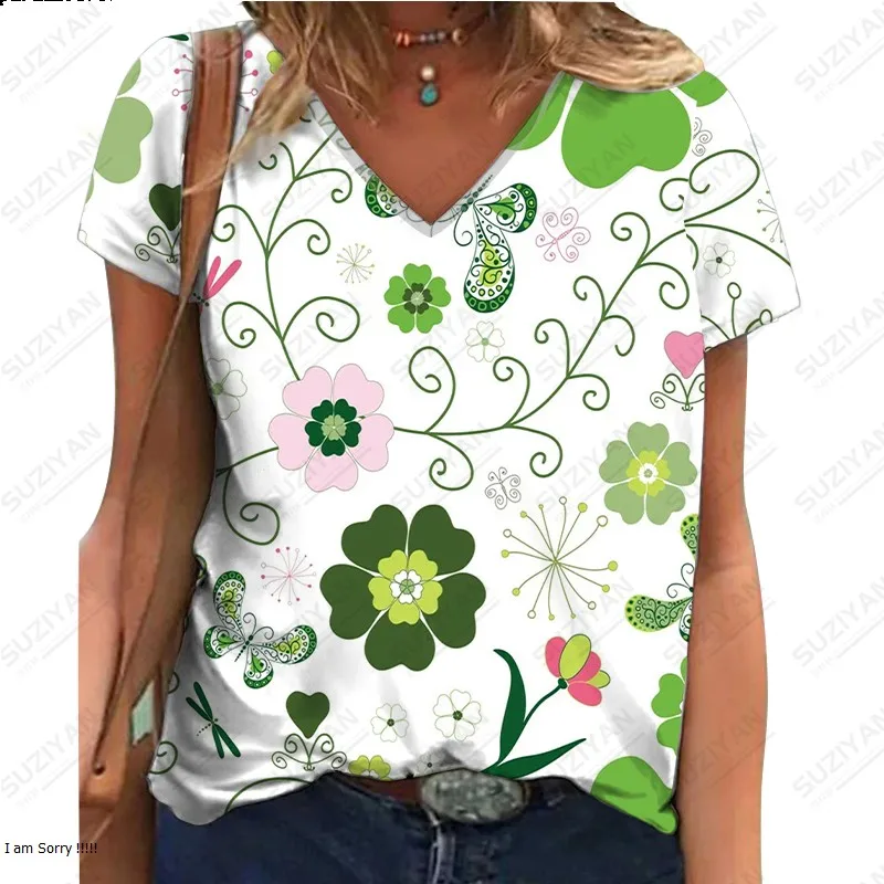 Нова популярна модна тениска с V-образно деколте и къси ръкави, темпераментна плажен топ с 3D-принтом, дишаща жена топ с къс ръкав в цветенце Изображение 5