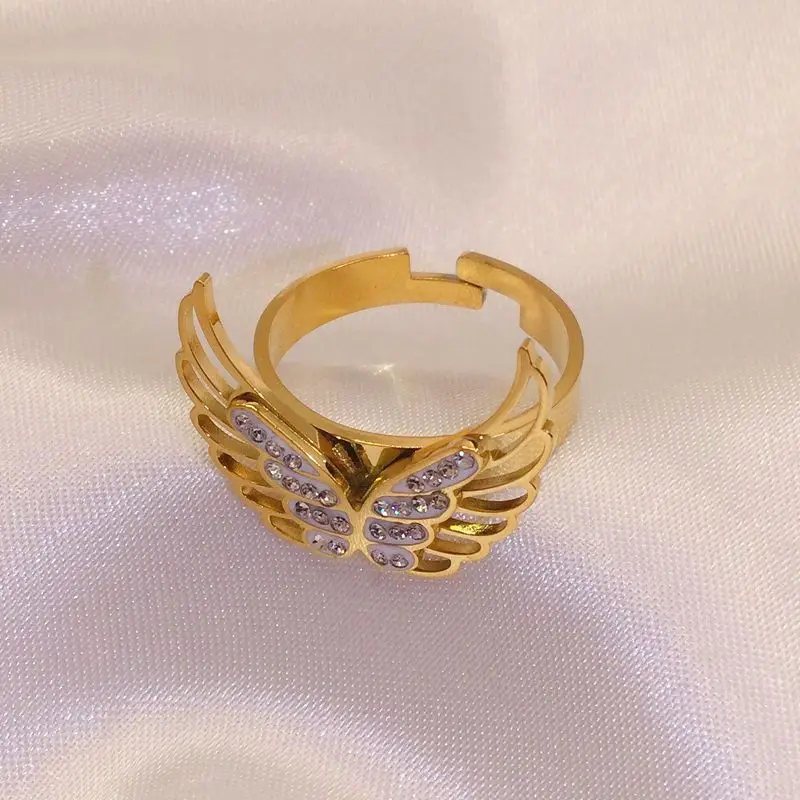 Ново модно пръстен с отворен крило от титанов стомана, дамски прости и персонални пръстени от неръждаема стомана, Свободен размер Изображение 1