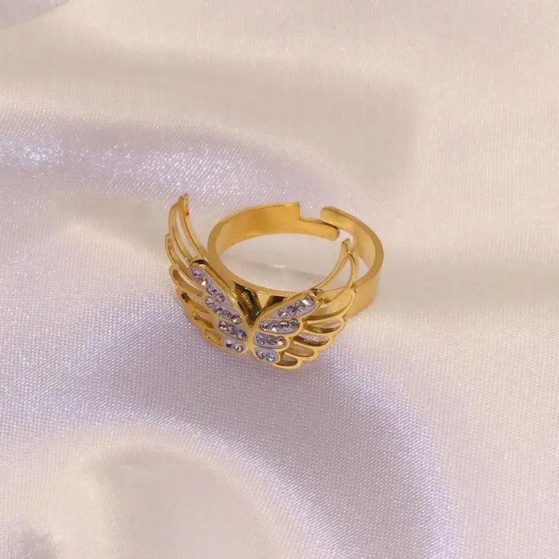 Ново модно пръстен с отворен крило от титанов стомана, дамски прости и персонални пръстени от неръждаема стомана, Свободен размер Изображение 2
