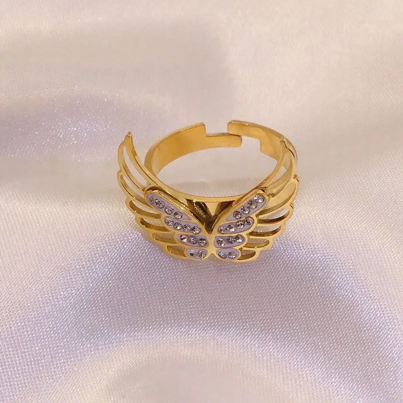 Ново модно пръстен с отворен крило от титанов стомана, дамски прости и персонални пръстени от неръждаема стомана, Свободен размер Изображение 3