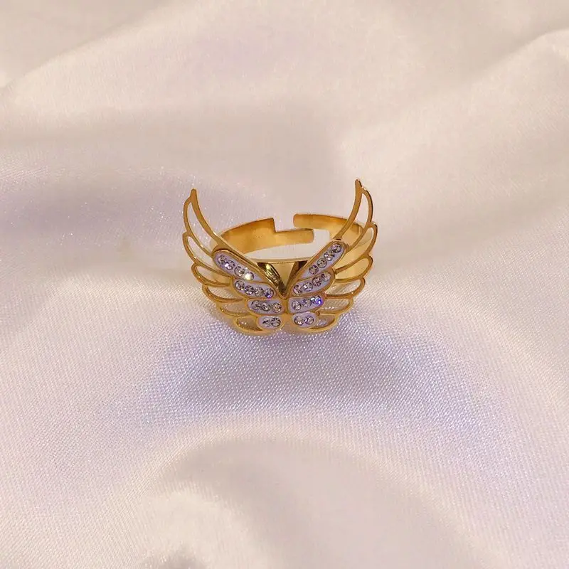Ново модно пръстен с отворен крило от титанов стомана, дамски прости и персонални пръстени от неръждаема стомана, Свободен размер Изображение 4