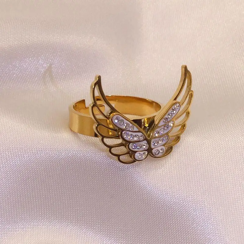 Ново модно пръстен с отворен крило от титанов стомана, дамски прости и персонални пръстени от неръждаема стомана, Свободен размер Изображение 5