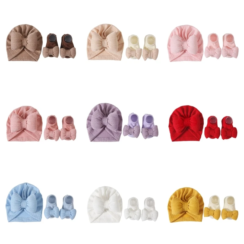 Сладка шапчица-тюрбан, комплект шапки за новородени с чорапи, вязаная детска шапчица с чорапи, стилна шапчица-тюрбан, с къси чорапи-трубочками Изображение 0