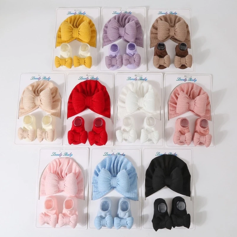 Сладка шапчица-тюрбан, комплект шапки за новородени с чорапи, вязаная детска шапчица с чорапи, стилна шапчица-тюрбан, с къси чорапи-трубочками Изображение 2