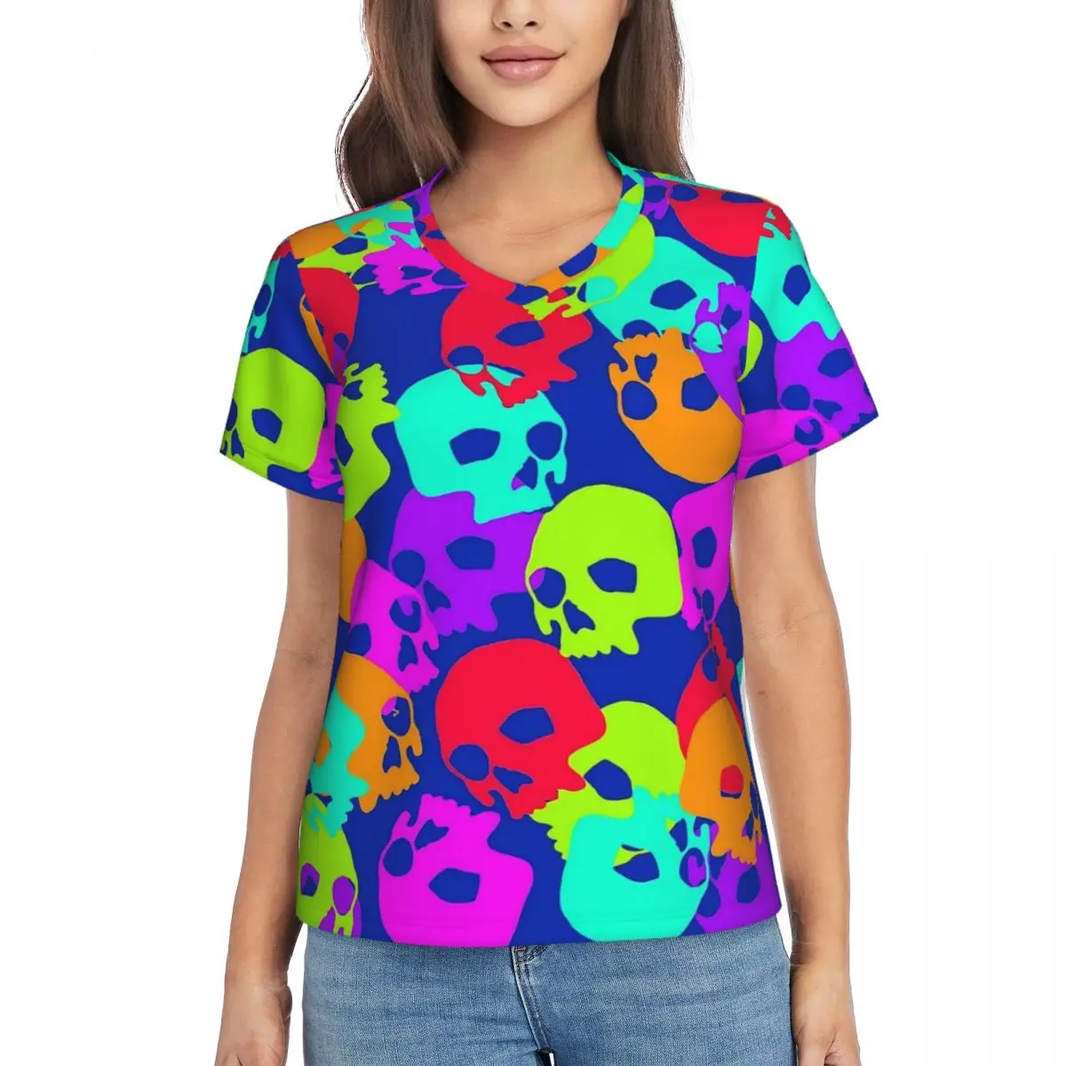 Тениска с конфетным черепа, цветни тениски Harajuku с черепи, женски прости блузи с V-образно деколте, плажни ризи с къс ръкав 2024 Изображение 0