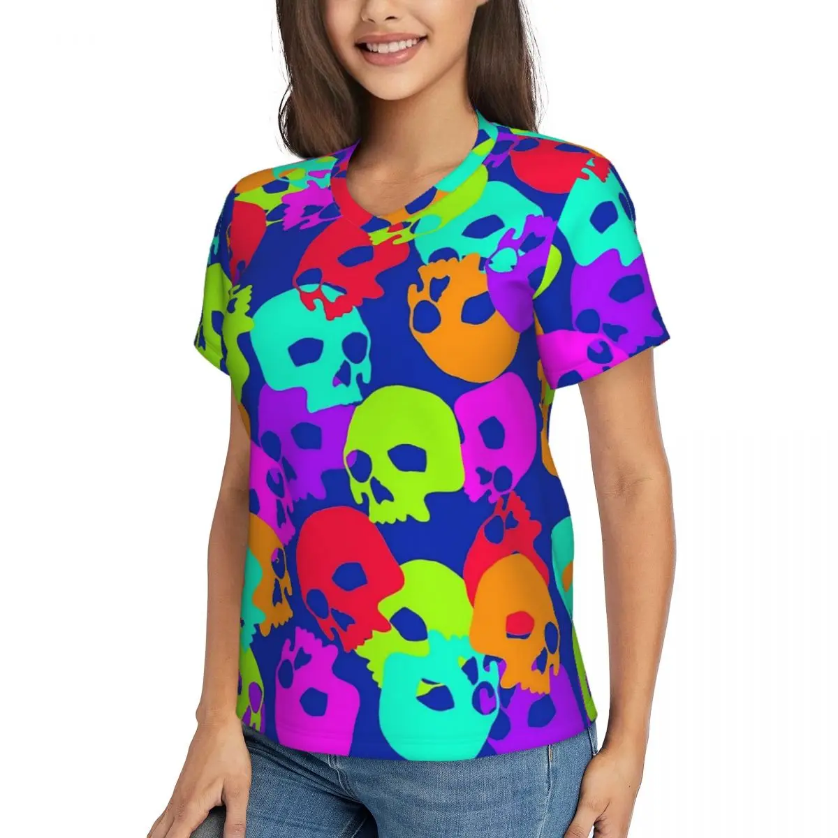 Тениска с конфетным черепа, цветни тениски Harajuku с черепи, женски прости блузи с V-образно деколте, плажни ризи с къс ръкав 2024 Изображение 1