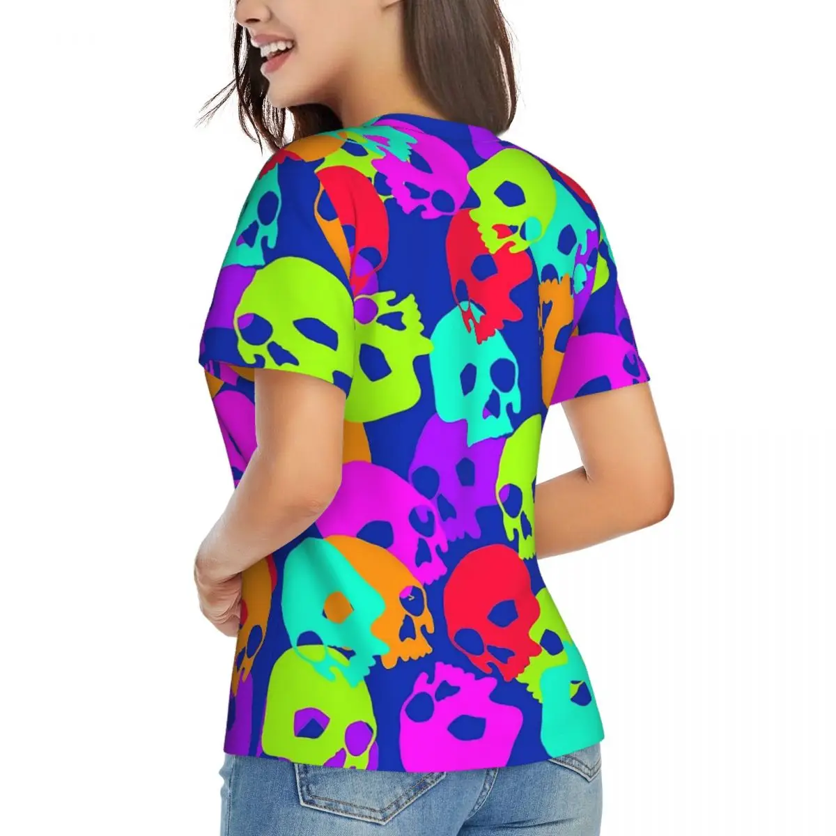 Тениска с конфетным черепа, цветни тениски Harajuku с черепи, женски прости блузи с V-образно деколте, плажни ризи с къс ръкав 2024 Изображение 2