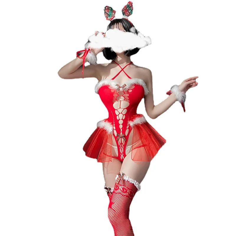 Червено чисто желание Коледни секси бельо костюм страст зимни сладка пижама облекло униформи на изкушението 7436 Изображение 4