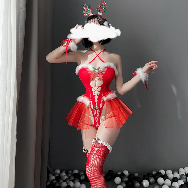 Червено чисто желание Коледни секси бельо костюм страст зимни сладка пижама облекло униформи на изкушението 7436 Изображение 5