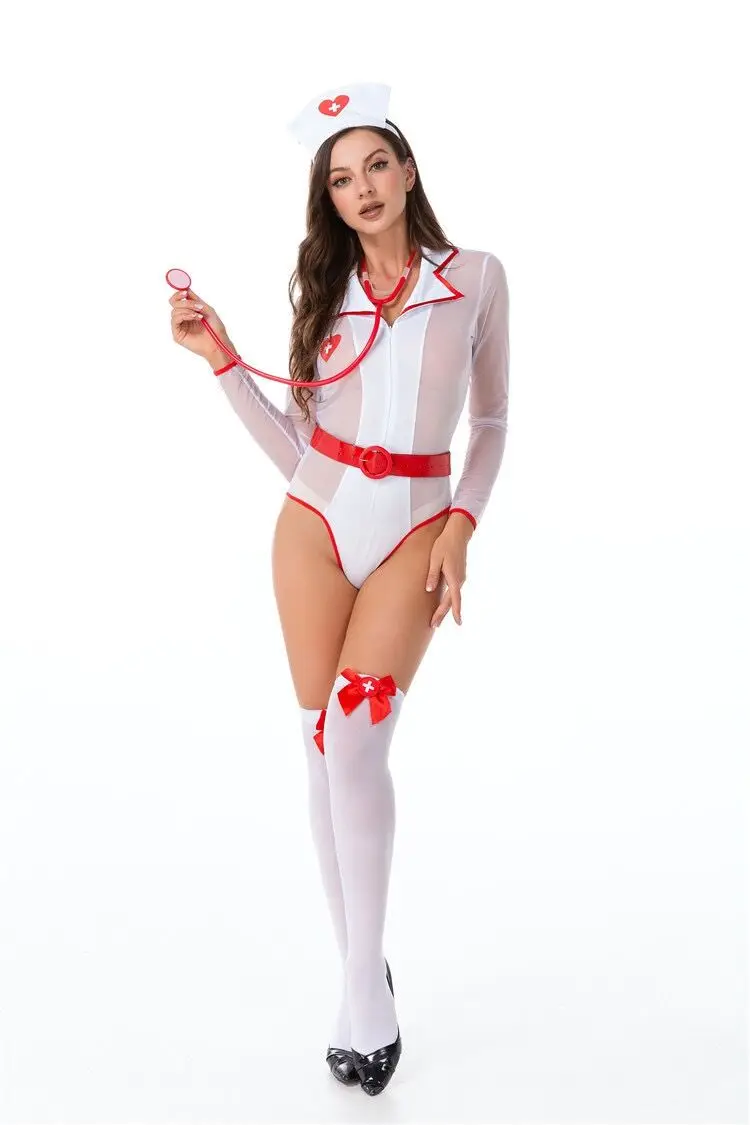 Секси cosplay Окото униформи на медицински сестри с дълъг ръкав Секси бели костюми медицински сестри мрежести, Прозрачни тела медицински сестри Изображение 3