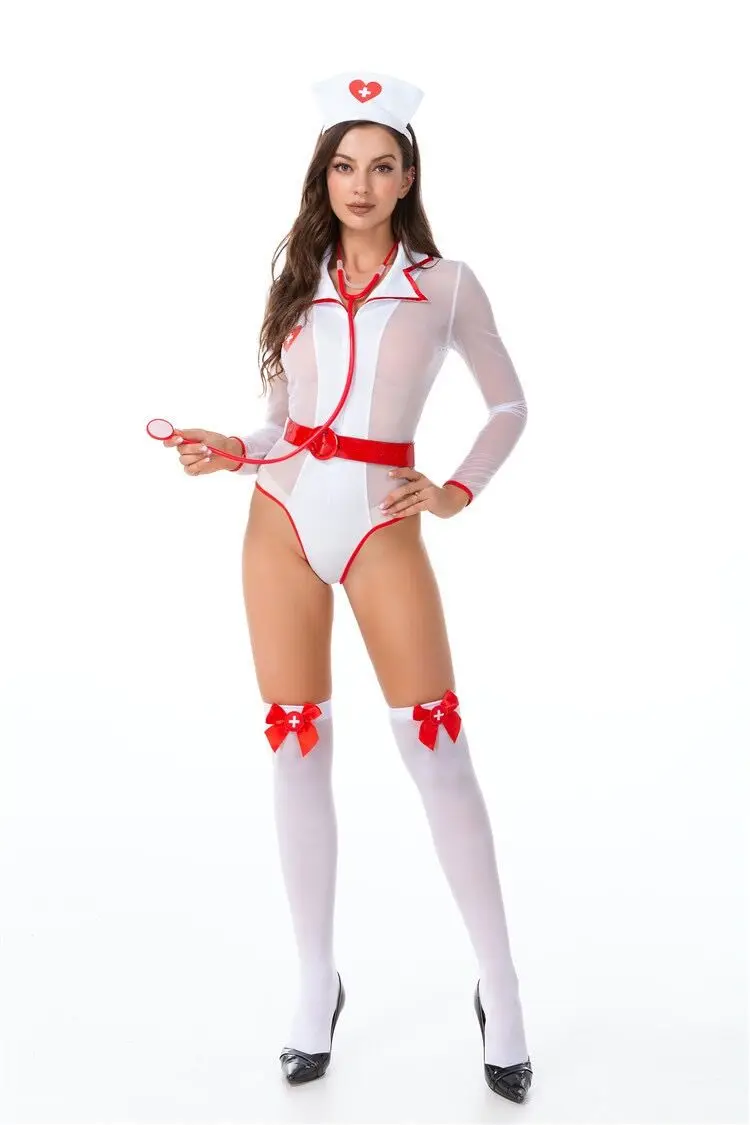 Секси cosplay Окото униформи на медицински сестри с дълъг ръкав Секси бели костюми медицински сестри мрежести, Прозрачни тела медицински сестри Изображение 4